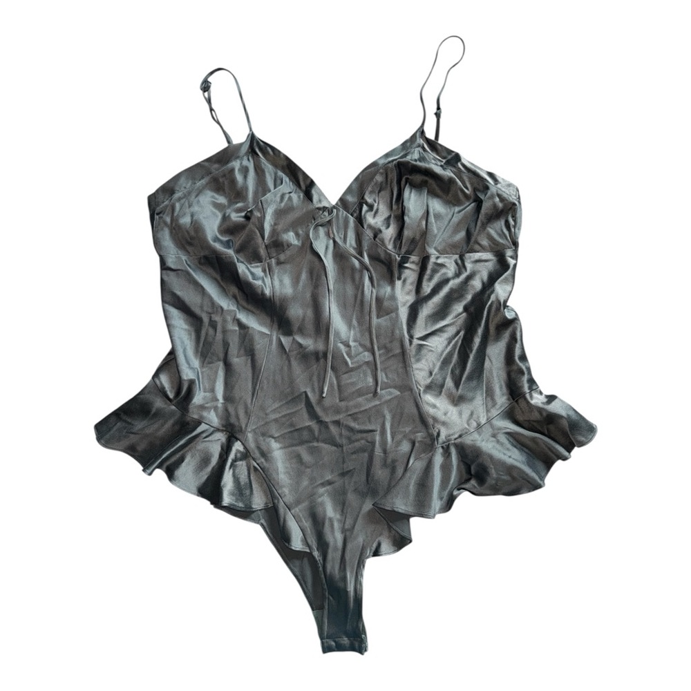 Skims 2X Ruffle Silk Teddy Bodysuit Bronze Silver Grey NWOT